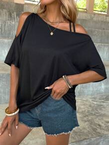 EMERY ROSE Áo thun nữ Bất đối xứng Cắt ra màu trơn Giải trí - màu đen - Xem 6