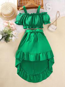 SHEIN Explorewe Tween Girl Cold Shoulder Puff Sleeve Top & Ruffle Hem Skirt - Green - View 1