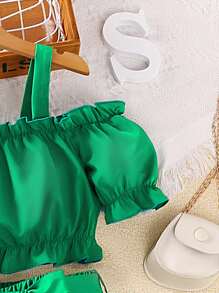 SHEIN Explorewe Tween Girl Cold Shoulder Puff Sleeve Top & Ruffle Hem Skirt - Green - View 4