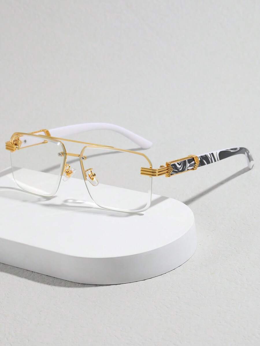 1 pieza Gafas de moda sin graduación con marco de metal y PC, adecuadas para reuniones de negocios, fiestas y uso diario - Dorado - Ver 1