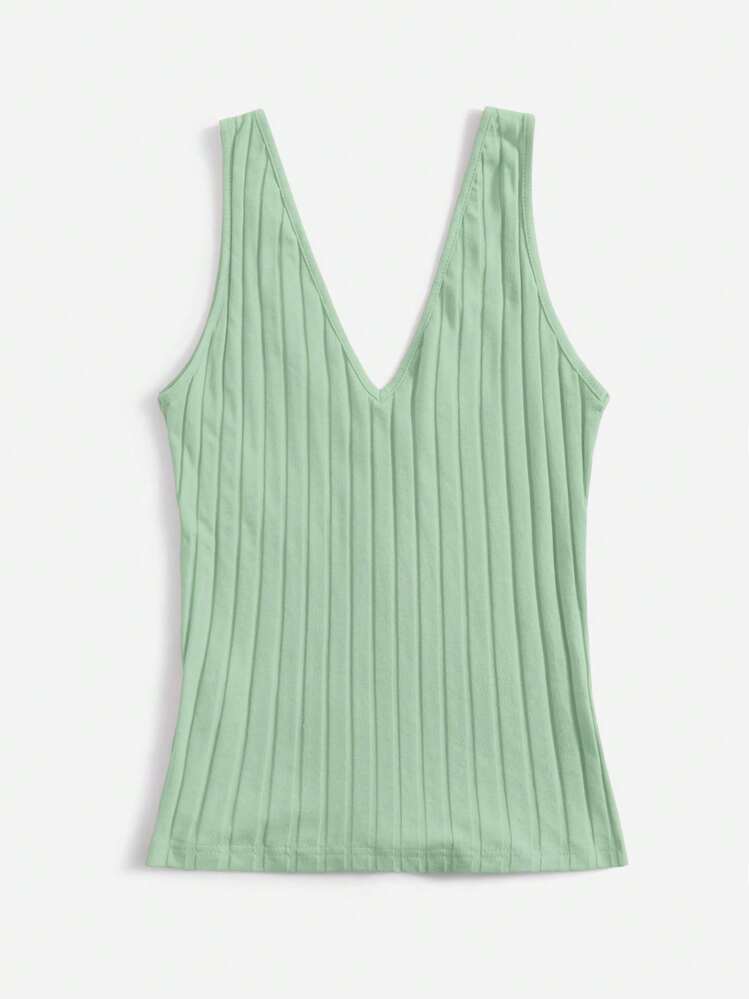 SHEIN Essnce Solid Ribbed Knit Tank Top - Mint Green - View 3