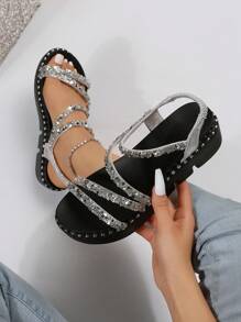 女性亮片裝飾踝帶魅力四射戶外塑膠坡跟涼鞋 - 銀色 - 查看 1