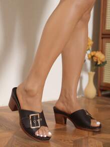 女性氣眼和搭扣裝飾粗跟穆勒時尚戶外高跟涼鞋 - 咖啡棕 - 查看 1