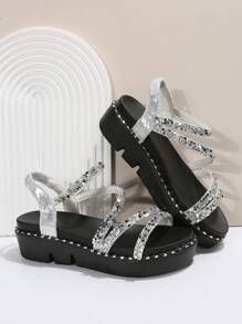 女性亮片裝飾踝帶魅力四射戶外塑膠坡跟涼鞋 - 銀色 - 查看 2
