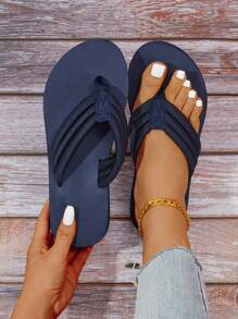 New V-Shape Flat Flip Flops For Women, Comfortable Non-Slip Sandals - Navy Blue - View 2