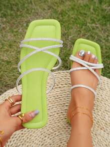 Women's Rhinestone Decor Criss-Cross Slide Sandals, Fashionable Summer Plastic Flat Beach Slippers - Green - View 1
