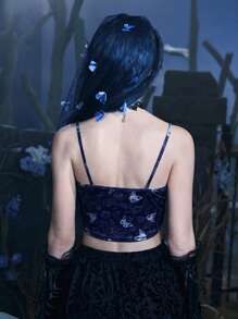 Corpse Bride | ROMWE Áo khoác và áo lót dành cho xe tăng nữ Tương phản ren Hoa Loại bướm Boho - Màu xanh hải quân - Xem 2