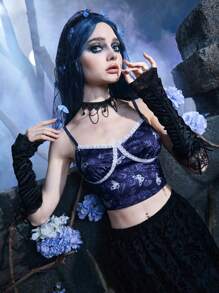 Corpse Bride | ROMWE Áo khoác và áo lót dành cho xe tăng nữ Tương phản ren Hoa Loại bướm Boho - Màu xanh hải quân - Xem 7