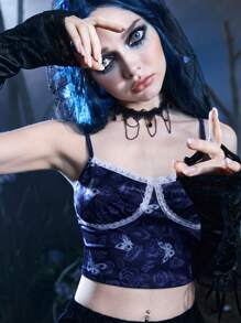 Corpse Bride | ROMWE Áo khoác và áo lót dành cho xe tăng nữ Tương phản ren Hoa Loại bướm Boho - Màu xanh hải quân - Xem 5