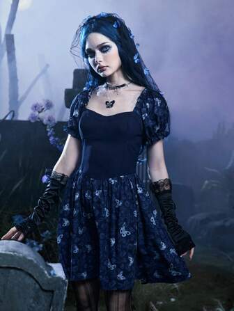 Corpse Bride | ROMWE Vestido con estampado de mariposa de espalda con cordón de manga farol