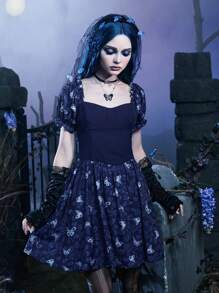 Corpse Bride | ROMWE Butterfly Print Lace Up Back Puff Sleeve Dress Gothic - Navy Blue - View 3