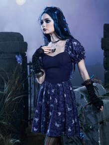 Corpse Bride | ROMWE Butterfly Print Lace Up Back Puff Sleeve Dress Gothic - Navy Blue - View 9