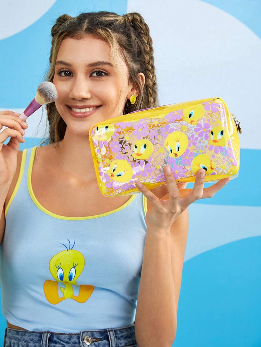 LOONEY TUNES X SHEIN Yellow Cartoon Pattern Cosmetic Bag SHEIN USA