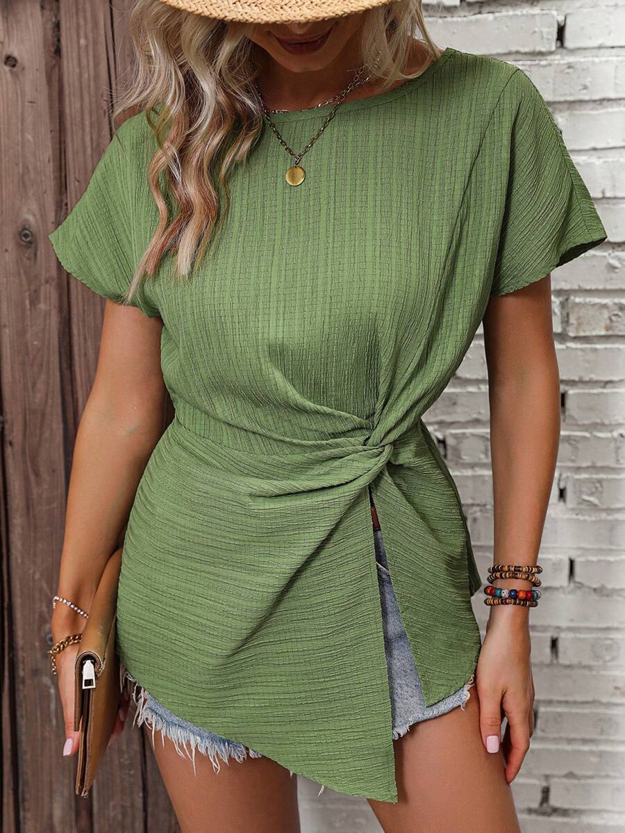 SHEIN LUNE Áo sơ mi nữ Bất đối xứng xoắn lại màu trơn Giải trí - màu xanh lá - Xem 1