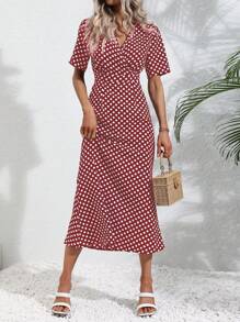 SHEIN VCAY Đầm Viên lá sen Chấm bi Giải trí - Đỏ và trắng - Xem 4