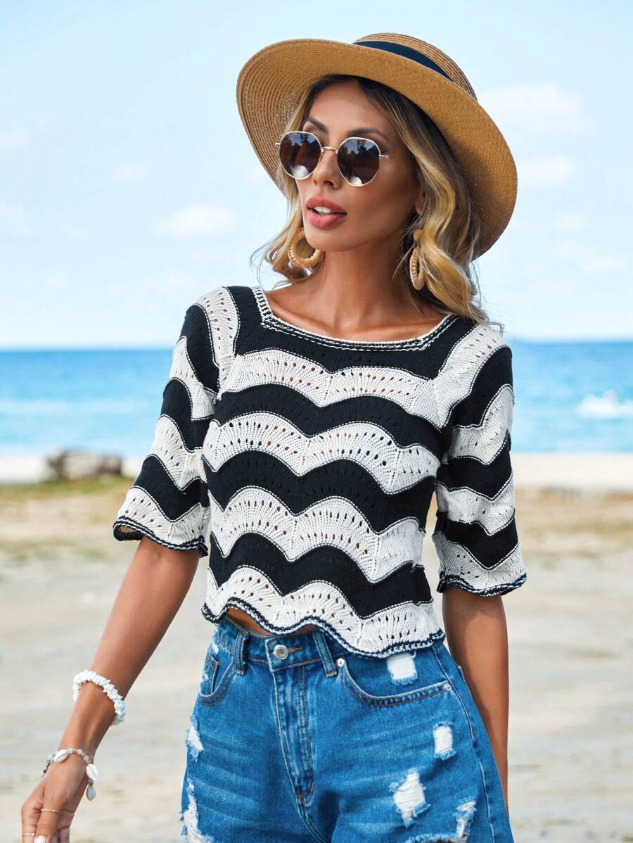 EURMUSE Colourblock Scallop Trim Raglan Sleeve Knit Top - Black and White - View 1