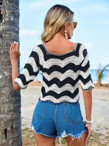 EURMUSE Colourblock Scallop Trim Raglan Sleeve Knit Top - Black and White - View 2