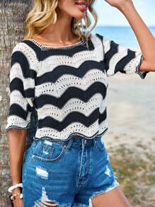 EURMUSE Colourblock Scallop Trim Raglan Sleeve Knit Top - Black and White - View 4