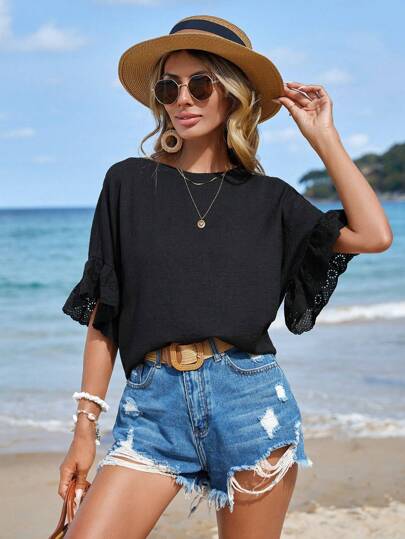 EURMUSE Eyelet Embroidery Flounce Sleeve Blouse