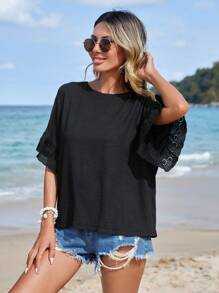 EURMUSE Eyelet Embroidery Flounce Sleeve Blouse - Black - View 3