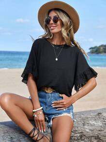 EURMUSE Eyelet Embroidery Flounce Sleeve Blouse - Black - View 6