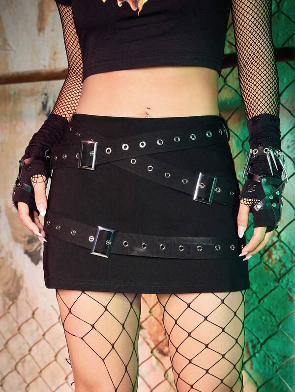 ROMWE PUNK Solid Grommet Eyelet Buckle Detail Skirt