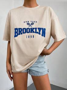 RueChic Letter Graphic Drop Shoulder Tee - Beige - View 1