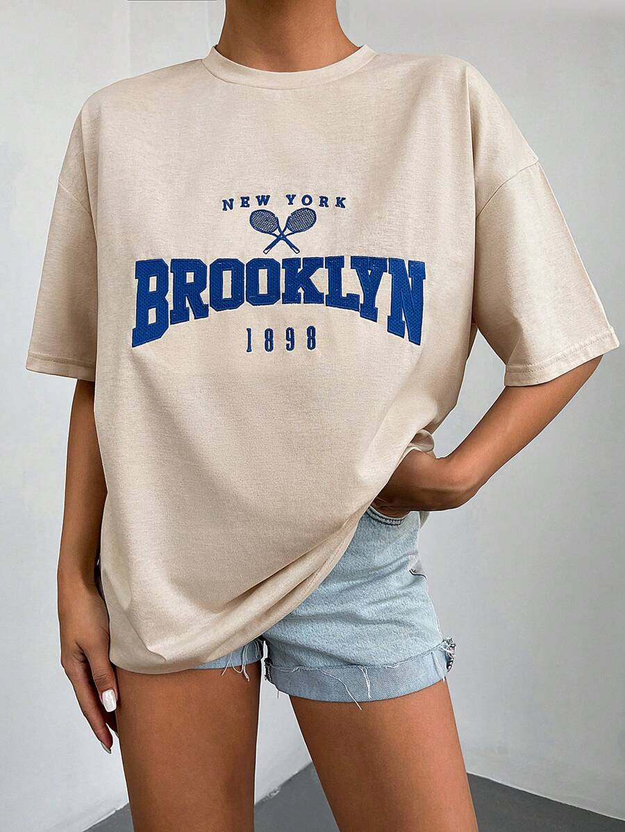 RueChic Letter Graphic Drop Shoulder Tee - Beige - View 1