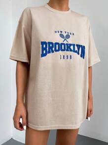 RueChic Letter Graphic Drop Shoulder Tee - Beige - View 3