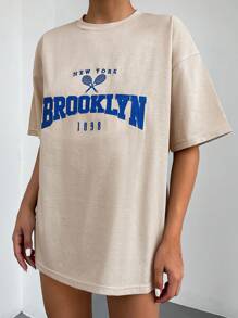 RueChic Letter Graphic Drop Shoulder Tee - Beige - View 5