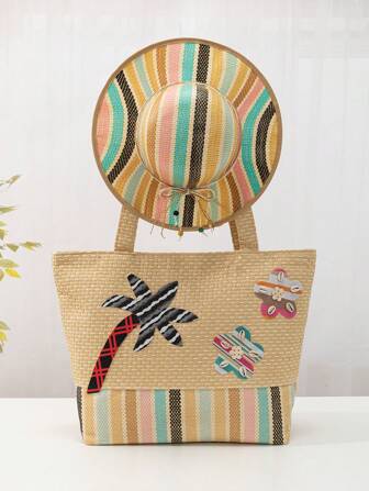 椰子樹圖案草編包貝殼裝飾帶草編帽適用於度假