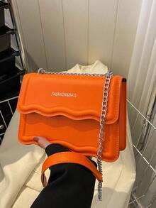 字母圖案方包花邊鏈條帶翻蓋 - 橘色 - 查看 2