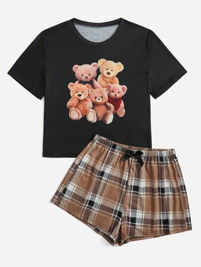 Cartoon Bear Graphic Tee & Plaid Shorts PJ Set