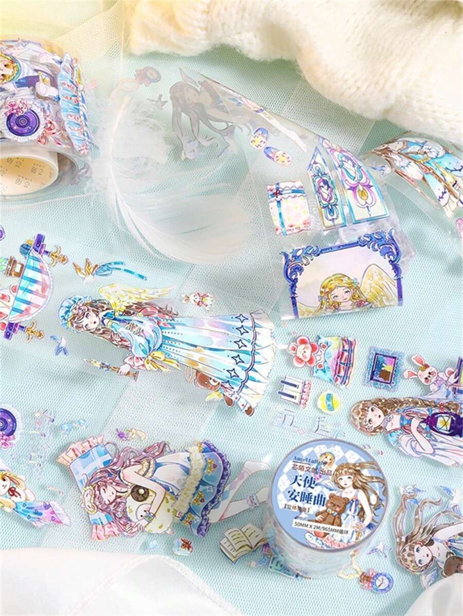 1卷卡通圖形美紋紙膠帶用於DIY工藝、手賬、裝飾創意多用途和紙膠帶 - 藍色 - 查看 1