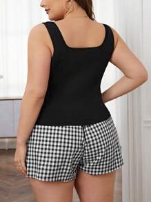 SHEIN Privé Plus Solid Tank Top & Gingham Print Belted Shorts - Black - View 2