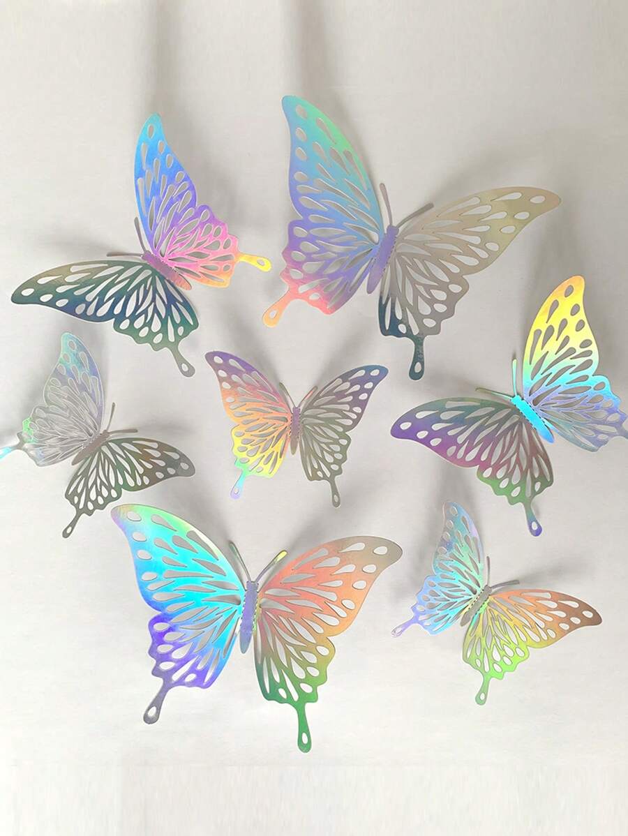 12pcs/set PET Butterfly Sticker, Modern 3D Hollow Out Holographic Room Decorating Creative Butterfly Sticker For Home - Multicolor - View 1