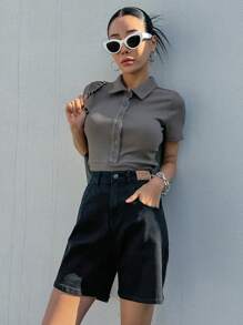 DAZY High Waist Slant Pocket Denim Shorts - Black - View 7