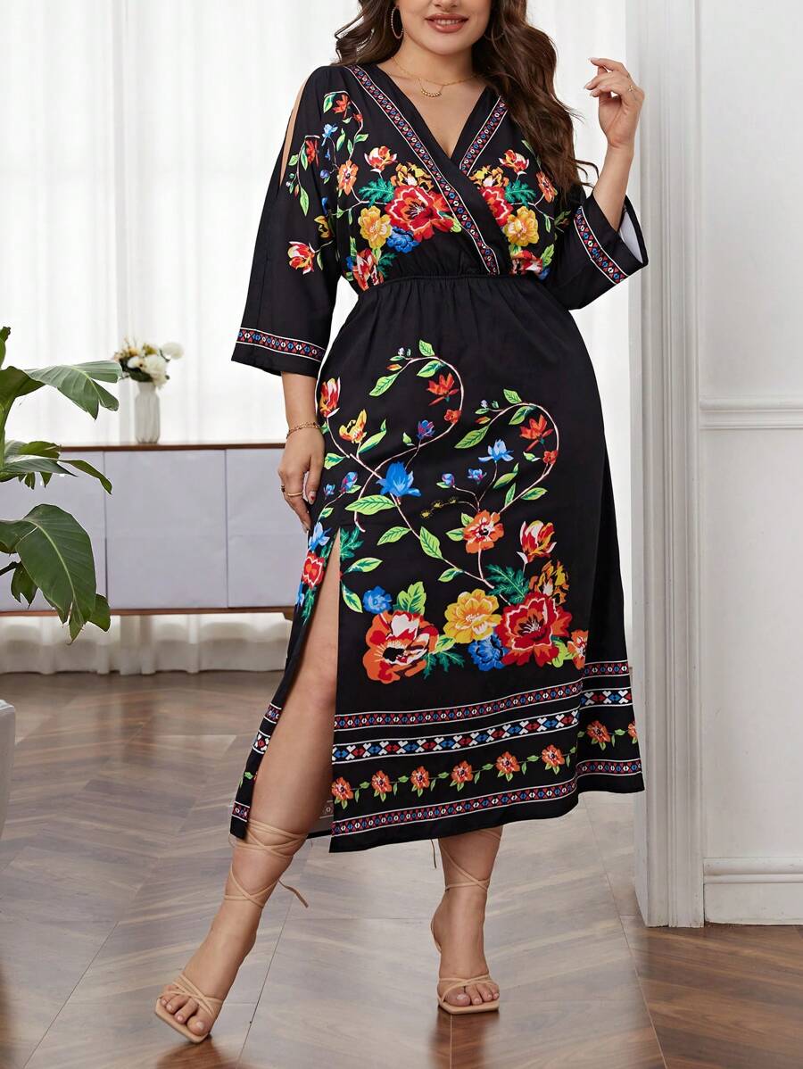 SHEIN Unity Plus Floral Print Split Thigh Dress - Black - View 1