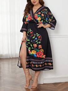 SHEIN Unity Plus Floral Print Split Thigh Dress - Black - View 3