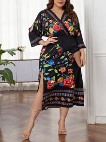 SHEIN Unity Plus Floral Print Split Thigh Dress - Black - View 4