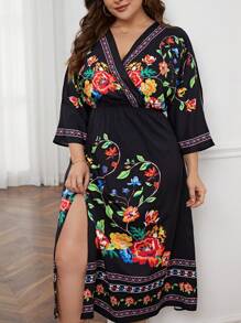 SHEIN Unity Plus Floral Print Split Thigh Dress - Black - View 6