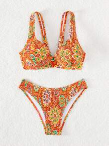 SHEIN Swim Smocked Underwire Bikini Set For Summer Beach - Multicolor - View 5