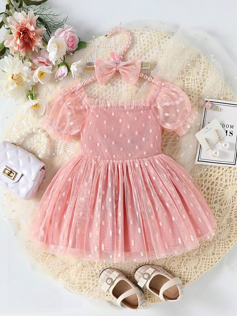 Đứa bé gái Lưới Dobby Che phủ Ống tay áo Đầm - Hồng - Xem 1