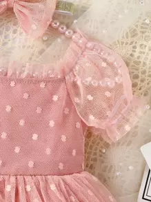 Đứa bé gái Lưới Dobby Che phủ Ống tay áo Đầm - Hồng - Xem 3