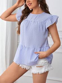 SHEIN Essnce 大碼條紋印花荷葉邊荷葉邊下擺襯衫 - 藍白色 - 查看 4