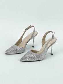 Glamorous Silver Pumps For Women, Glitter Point Toe Stiletto Heeled Slingback Pumps - Silver - View 3