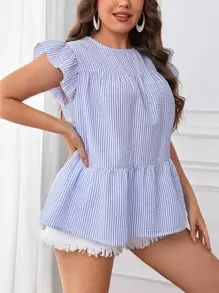 SHEIN Essnce 大碼條紋印花荷葉邊荷葉邊下擺襯衫 - 藍白色 - 查看 1