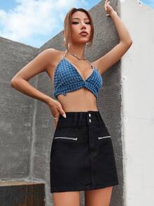 Váy denim nữ Túi Dây kéo Nút màu trơn - màu đen - Xem 5