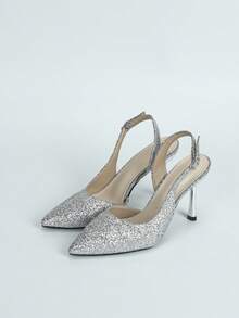 Glamorous Silver Pumps For Women, Glitter Point Toe Stiletto Heeled Slingback Pumps - Silver - View 5