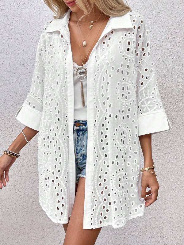 SHEIN Swim BohoFeel Kimono unicolor con bordado con ojal Mode de